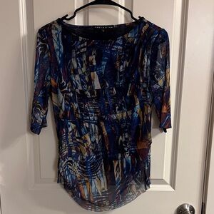 Paula Rylan Abstract Print Mesh Top - Blue and Gold
